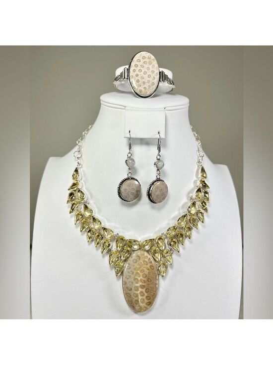 Handmade Jewelry - Fossil Coral 925 Large Gemstone Necklace Bracelet & Earrings